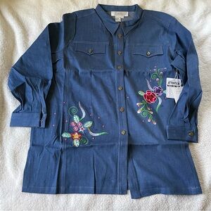 Vintage Diane Gilman Denim Button Down Floral Embroidered Country Shirt 2X NWT